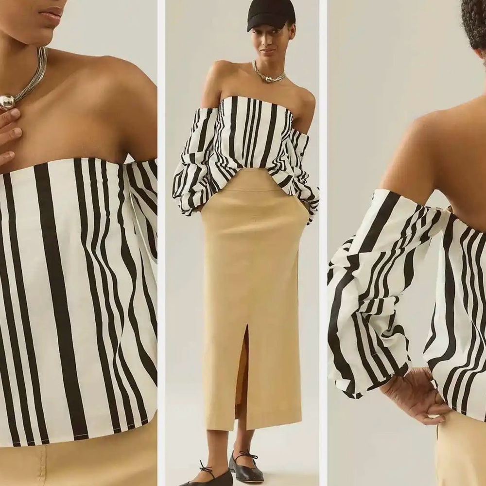 Mare x Anthropologie Off-The-Shoulder Blouse Striped Black & White Motif Size 1X